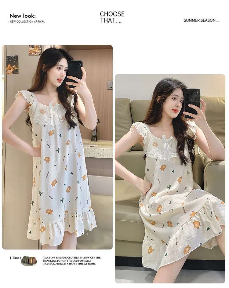 Cloud Cotton Pajamas Women Summer Sweet Camisole Nightdress Lace with Fixed Chest Pads Mid-Length Nightdress Student Loungewear · Wholesale · OEM · Worldwide Shipping - Detail 32