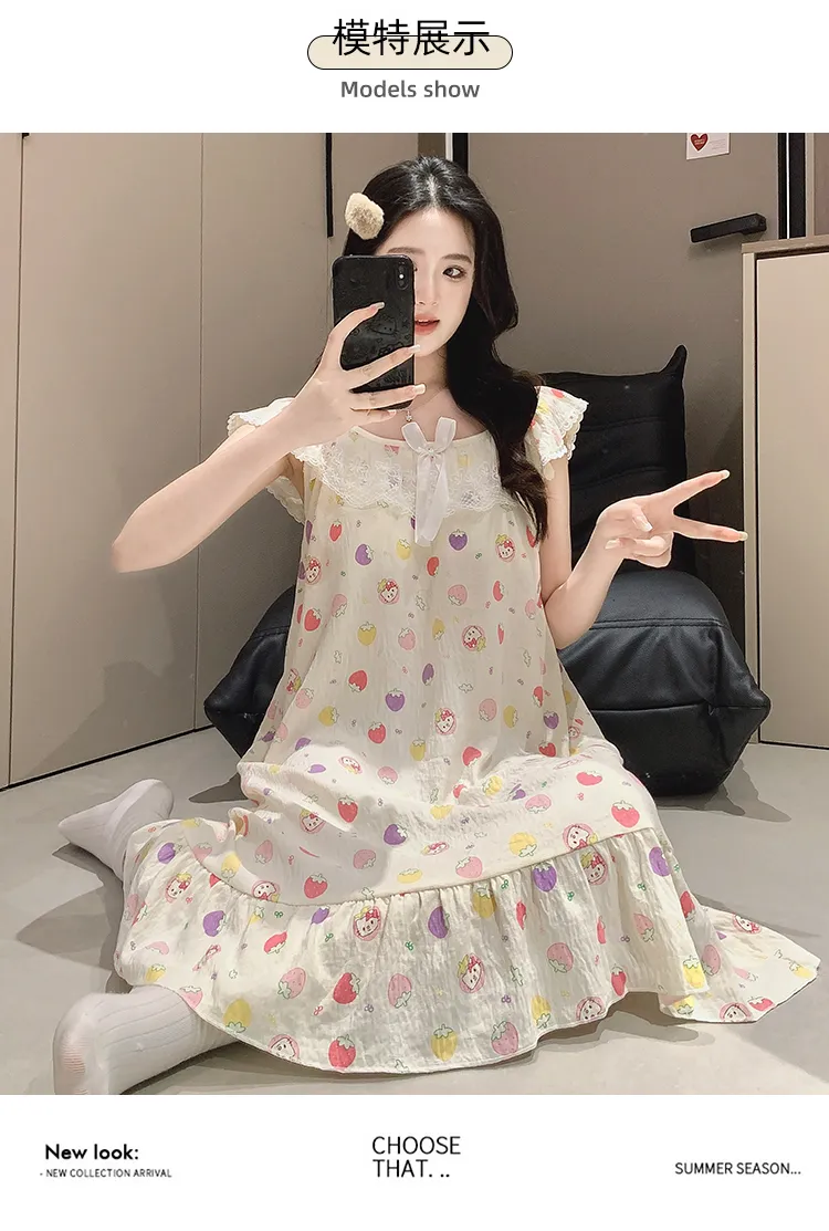 Cloud Cotton Pajamas Women Summer Sweet Camisole Nightdress Lace with Fixed Chest Pads Mid-Length Nightdress Student Loungewear · Wholesale · OEM · Worldwide Shipping - Detail 6