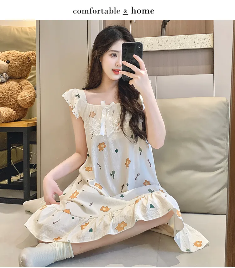 Cloud Cotton Pajamas Women Summer Sweet Camisole Nightdress Lace with Fixed Chest Pads Mid-Length Nightdress Student Loungewear · Wholesale · OEM · Worldwide Shipping - Detail 33