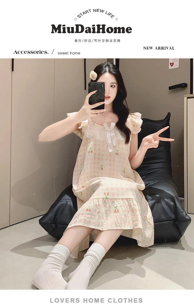 Cloud Cotton Pajamas Women Summer Sweet Camisole Nightdress Lace with Fixed Chest Pads Mid-Length Nightdress Student Loungewear · Wholesale · OEM · Worldwide Shipping - Detail 14