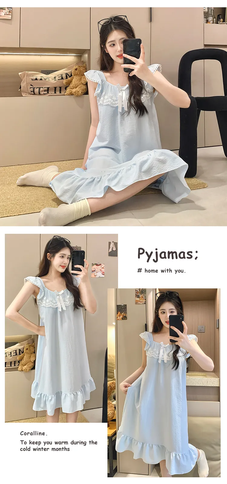Cloud Cotton Pajamas Women Summer Sweet Camisole Nightdress Lace with Fixed Chest Pads Mid-Length Nightdress Student Loungewear · Wholesale · OEM · Worldwide Shipping - Detail 27