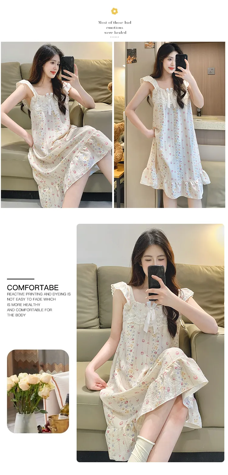 Cloud Cotton Pajamas Women Summer Sweet Camisole Nightdress Lace with Fixed Chest Pads Mid-Length Nightdress Student Loungewear · Wholesale · OEM · Worldwide Shipping - Detail 30