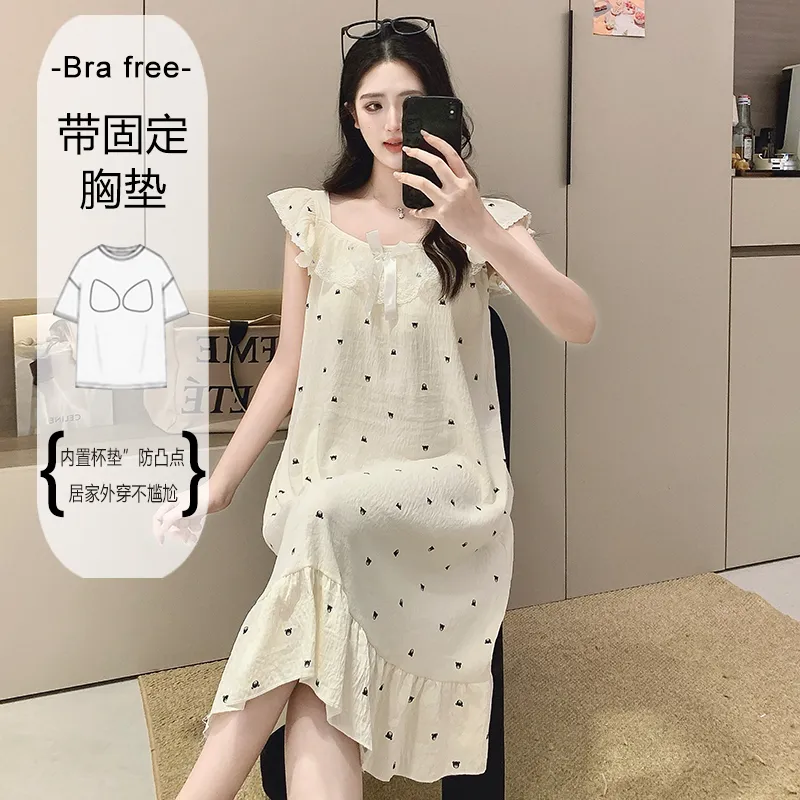 Cloud Cotton Pajamas Women Summer Sweet Camisole Nightdress Lace with Fixed Chest Pads Mid-Length Nightdress Student Loungewear · Wholesale · OEM · Worldwide Shipping - View 3