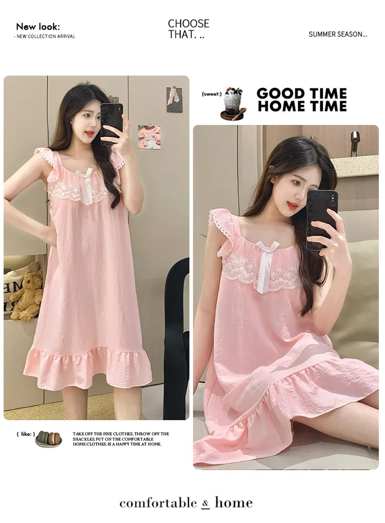 Cloud Cotton Pajamas Women Summer Sweet Camisole Nightdress Lace with Fixed Chest Pads Mid-Length Nightdress Student Loungewear · Wholesale · OEM · Worldwide Shipping - Detail 20