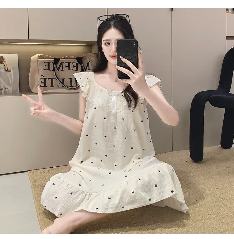 Cloud Cotton Pajamas Women Summer Sweet Camisole Nightdress Lace with Fixed Chest Pads Mid-Length Nightdress Student Loungewear · Wholesale · OEM · Worldwide Shipping - Detail 10