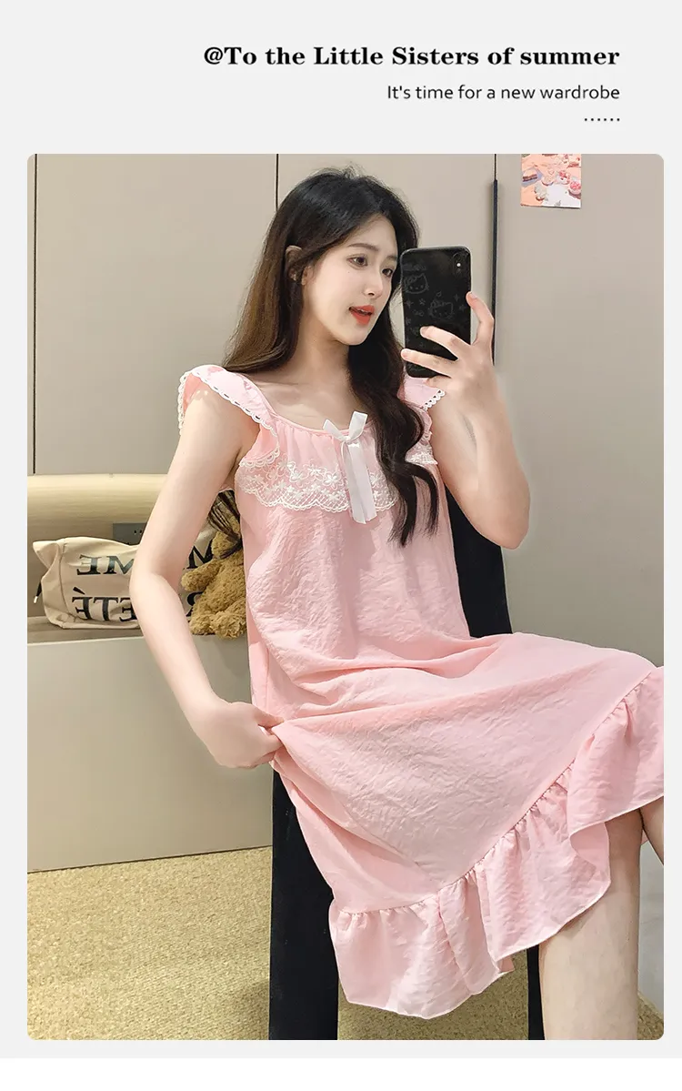 Cloud Cotton Pajamas Women Summer Sweet Camisole Nightdress Lace with Fixed Chest Pads Mid-Length Nightdress Student Loungewear · Wholesale · OEM · Worldwide Shipping - Detail 19