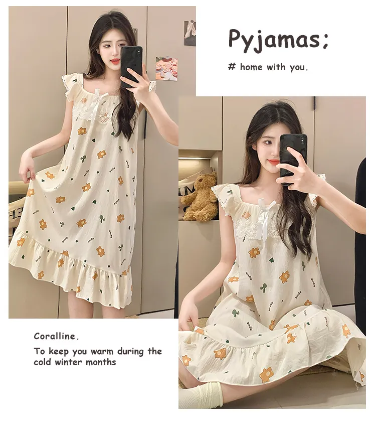 Cloud Cotton Pajamas Women Summer Sweet Camisole Nightdress Lace with Fixed Chest Pads Mid-Length Nightdress Student Loungewear · Wholesale · OEM · Worldwide Shipping - Detail 34