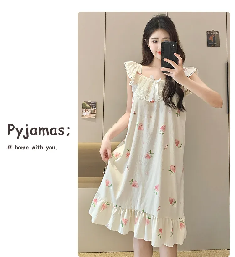 Cloud Cotton Pajamas Women Summer Sweet Camisole Nightdress Lace with Fixed Chest Pads Mid-Length Nightdress Student Loungewear · Wholesale · OEM · Worldwide Shipping - Detail 37