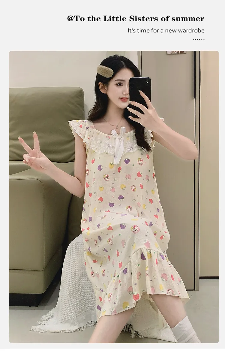 Cloud Cotton Pajamas Women Summer Sweet Camisole Nightdress Lace with Fixed Chest Pads Mid-Length Nightdress Student Loungewear · Wholesale · OEM · Worldwide Shipping - Detail 8