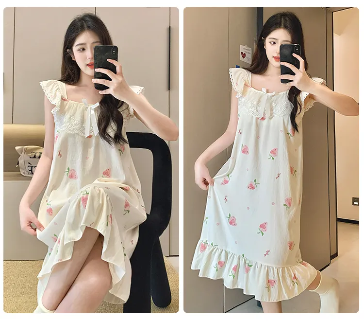 Cloud Cotton Pajamas Women Summer Sweet Camisole Nightdress Lace with Fixed Chest Pads Mid-Length Nightdress Student Loungewear · Wholesale · OEM · Worldwide Shipping - Detail 36
