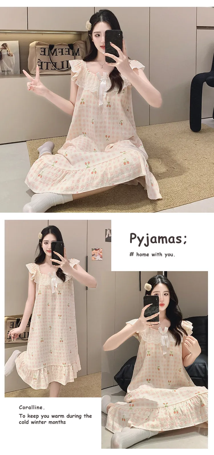 Cloud Cotton Pajamas Women Summer Sweet Camisole Nightdress Lace with Fixed Chest Pads Mid-Length Nightdress Student Loungewear · Wholesale · OEM · Worldwide Shipping - Detail 16