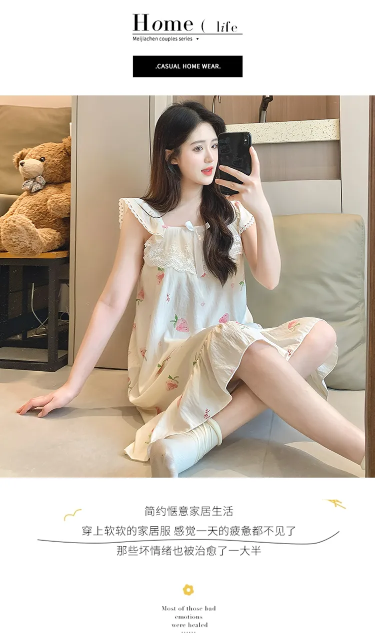 Cloud Cotton Pajamas Women Summer Sweet Camisole Nightdress Lace with Fixed Chest Pads Mid-Length Nightdress Student Loungewear · Wholesale · OEM · Worldwide Shipping - Detail 38
