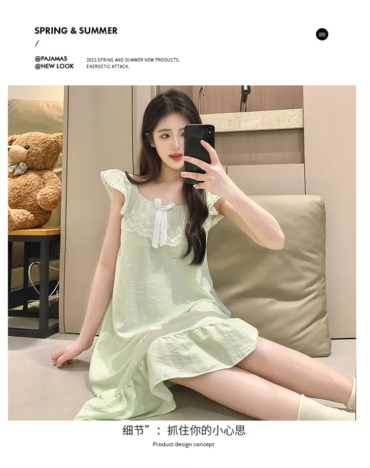 Cloud Cotton Pajamas Women Summer Sweet Camisole Nightdress Lace with Fixed Chest Pads Mid-Length Nightdress Student Loungewear · Wholesale · OEM · Worldwide Shipping - Detail 23