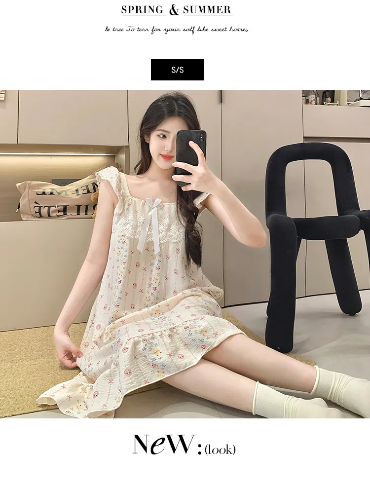 Cloud Cotton Pajamas Women Summer Sweet Camisole Nightdress Lace with Fixed Chest Pads Mid-Length Nightdress Student Loungewear · Wholesale · OEM · Worldwide Shipping - Detail 31