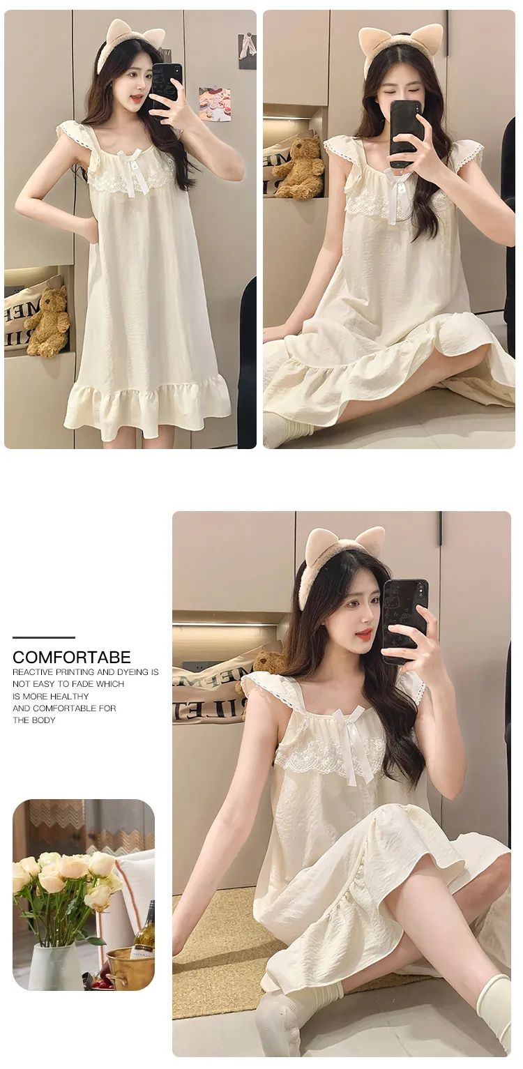 Cloud Cotton Pajamas Women Summer Sweet Camisole Nightdress Lace with Fixed Chest Pads Mid-Length Nightdress Student Loungewear · Wholesale · OEM · Worldwide Shipping - Detail 26