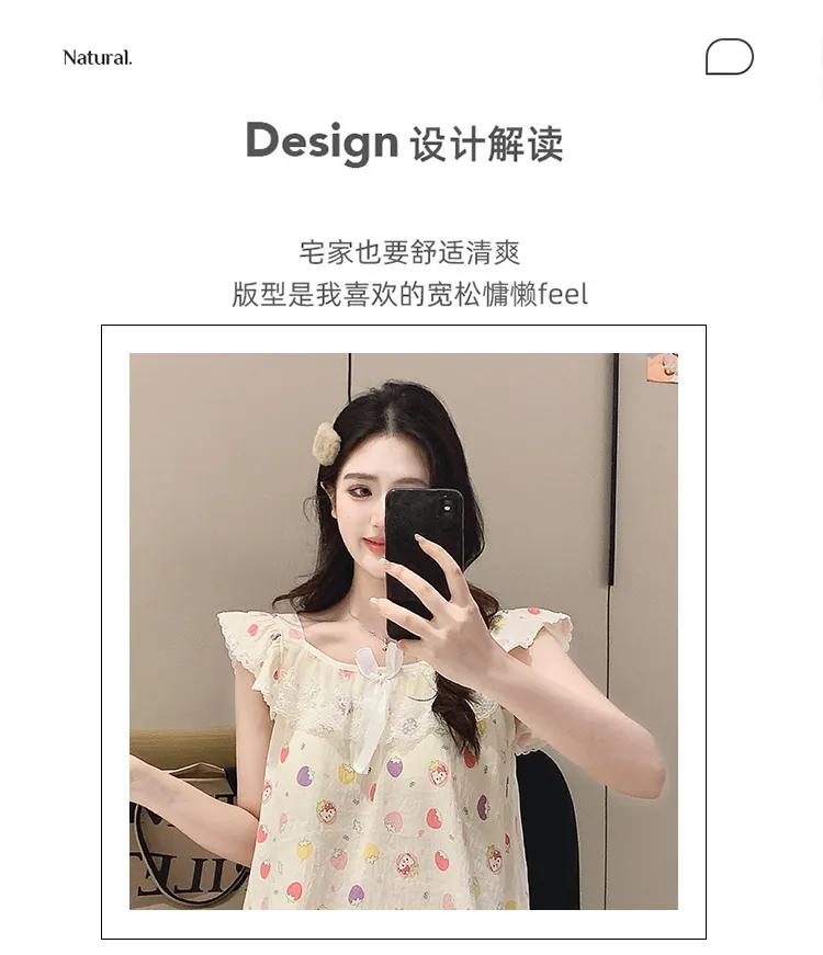 Cloud Cotton Pajamas Women Summer Sweet Camisole Nightdress Lace with Fixed Chest Pads Mid-Length Nightdress Student Loungewear · Wholesale · OEM · Worldwide Shipping - Detail 2