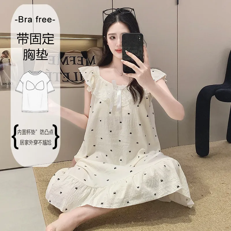 Cloud Cotton Pajamas Women Summer Sweet Camisole Nightdress Lace with Fixed Chest Pads Mid-Length Nightdress Student Loungewear · Wholesale · OEM · Worldwide Shipping