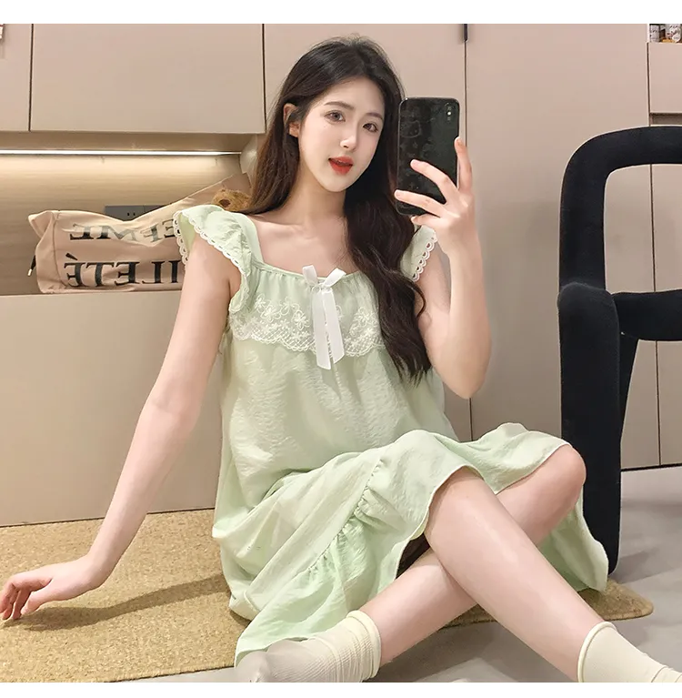 Cloud Cotton Pajamas Women Summer Sweet Camisole Nightdress Lace with Fixed Chest Pads Mid-Length Nightdress Student Loungewear · Wholesale · OEM · Worldwide Shipping - Detail 21