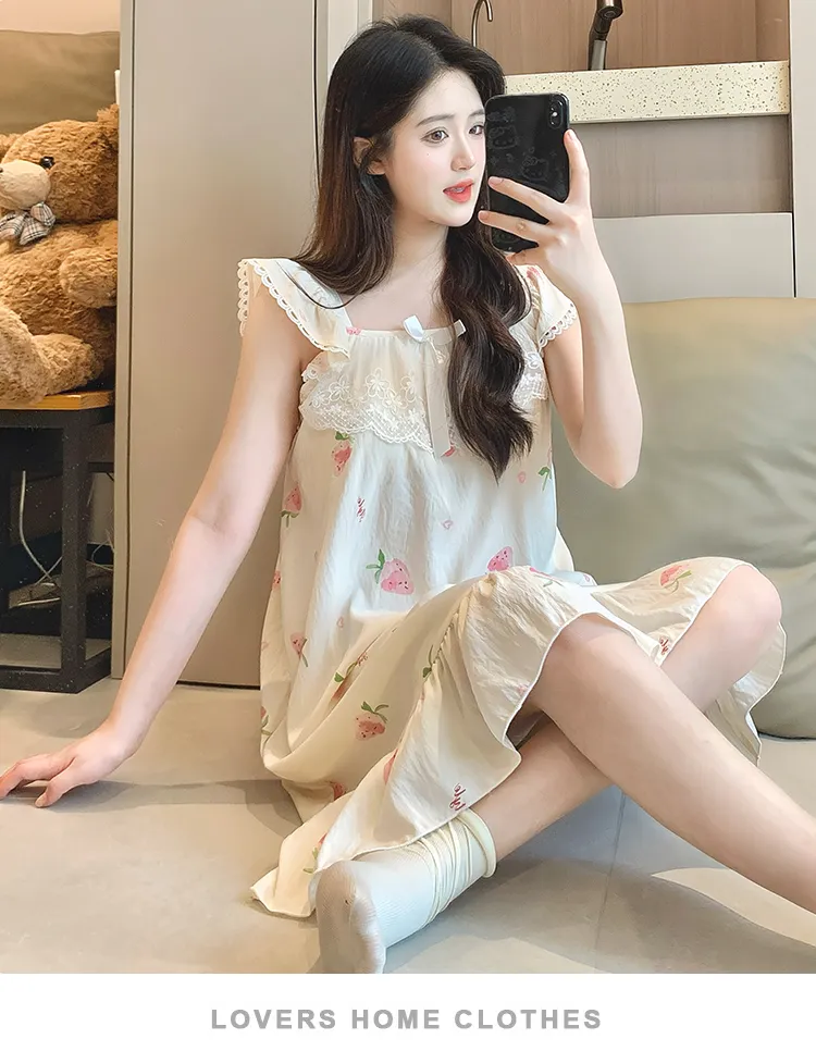 Cloud Cotton Pajamas Women Summer Sweet Camisole Nightdress Lace with Fixed Chest Pads Mid-Length Nightdress Student Loungewear · Wholesale · OEM · Worldwide Shipping - Detail 35