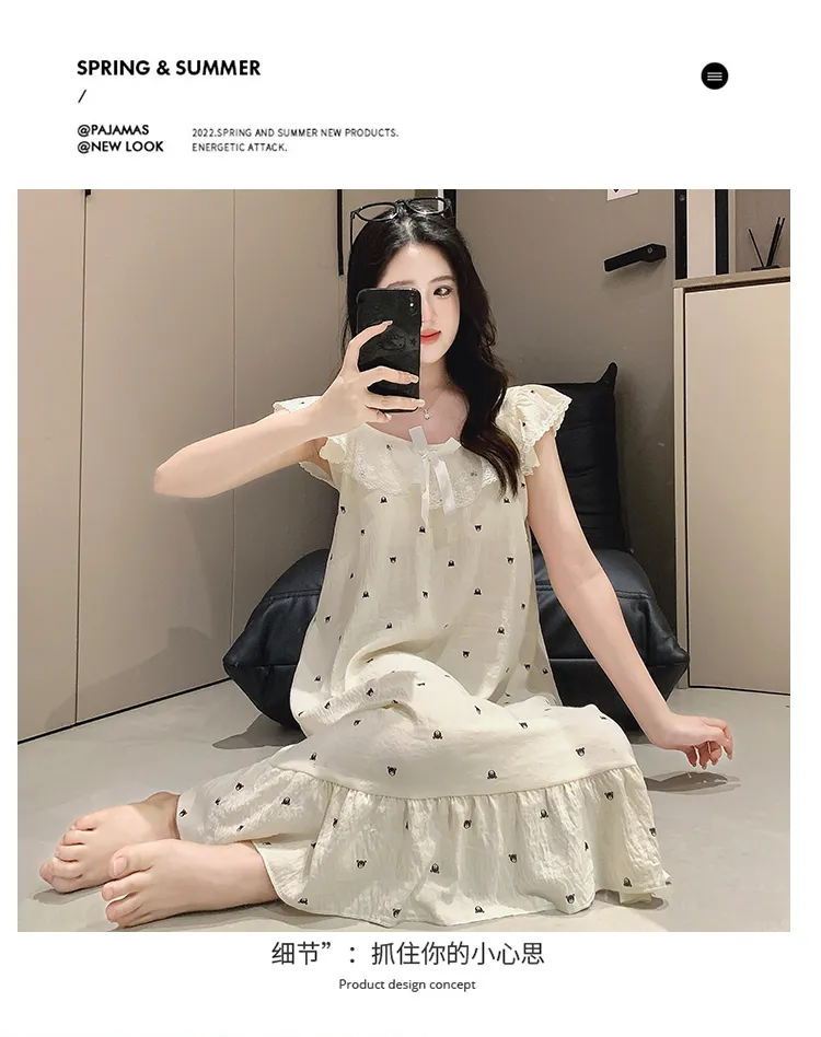 Cloud Cotton Pajamas Women Summer Sweet Camisole Nightdress Lace with Fixed Chest Pads Mid-Length Nightdress Student Loungewear · Wholesale · OEM · Worldwide Shipping - Detail 12