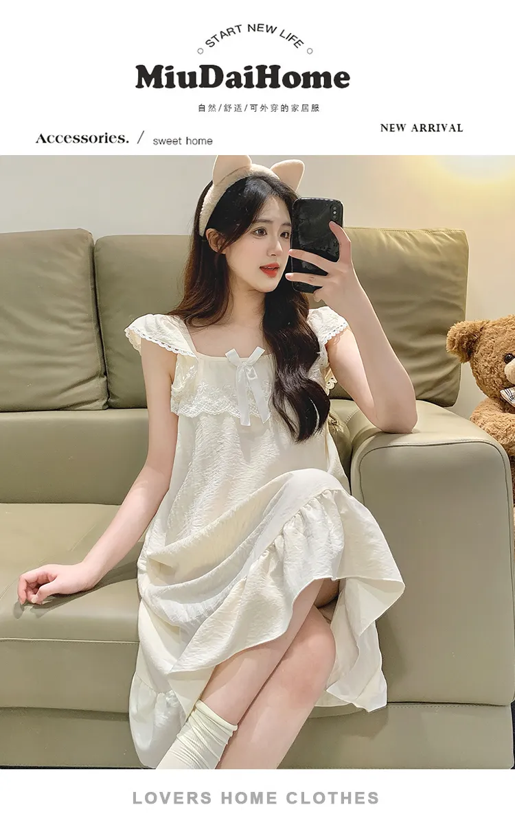 Cloud Cotton Pajamas Women Summer Sweet Camisole Nightdress Lace with Fixed Chest Pads Mid-Length Nightdress Student Loungewear · Wholesale · OEM · Worldwide Shipping - Detail 25