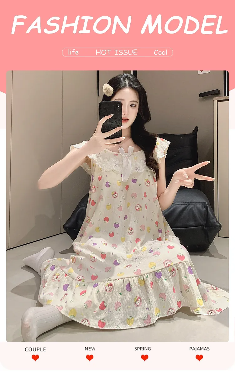 Cloud Cotton Pajamas Women Summer Sweet Camisole Nightdress Lace with Fixed Chest Pads Mid-Length Nightdress Student Loungewear · Wholesale · OEM · Worldwide Shipping - Detail 1
