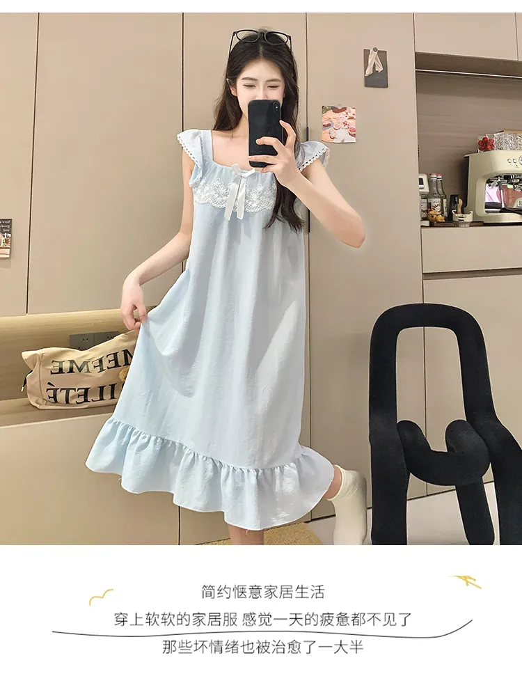 Cloud Cotton Pajamas Women Summer Sweet Camisole Nightdress Lace with Fixed Chest Pads Mid-Length Nightdress Student Loungewear · Wholesale · OEM · Worldwide Shipping - Detail 29