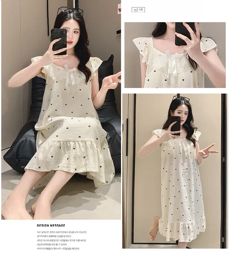 Cloud Cotton Pajamas Women Summer Sweet Camisole Nightdress Lace with Fixed Chest Pads Mid-Length Nightdress Student Loungewear · Wholesale · OEM · Worldwide Shipping - Detail 13