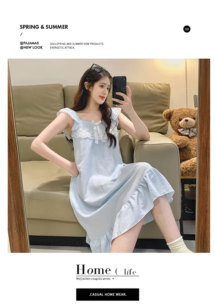 Cloud Cotton Pajamas Women Summer Sweet Camisole Nightdress Lace with Fixed Chest Pads Mid-Length Nightdress Student Loungewear · Wholesale · OEM · Worldwide Shipping - Detail 28