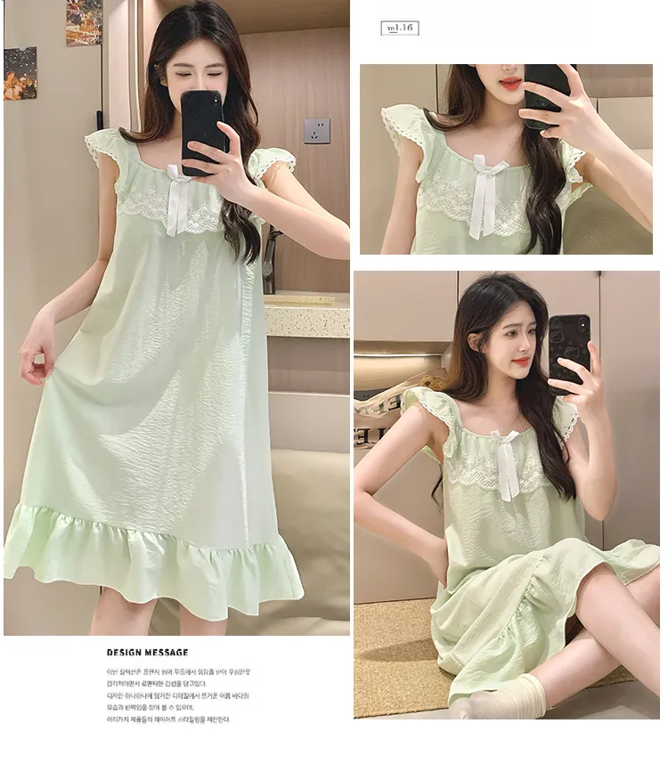 Cloud Cotton Pajamas Women Summer Sweet Camisole Nightdress Lace with Fixed Chest Pads Mid-Length Nightdress Student Loungewear · Wholesale · OEM · Worldwide Shipping - Detail 24
