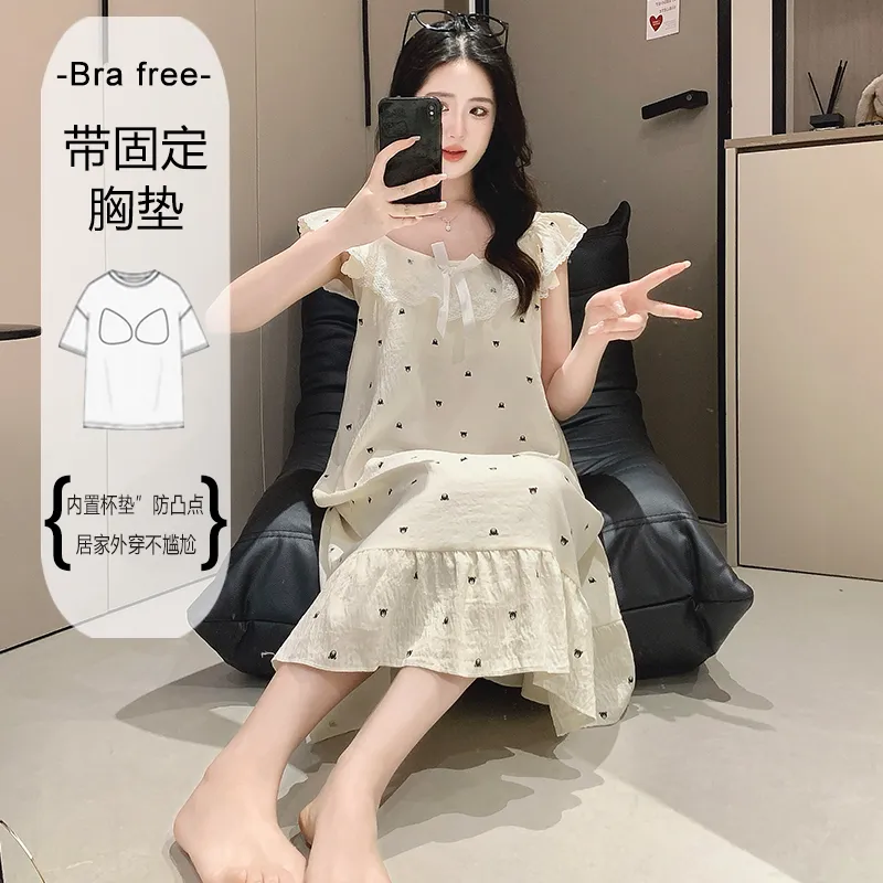 Cloud Cotton Pajamas Women Summer Sweet Camisole Nightdress Lace with Fixed Chest Pads Mid-Length Nightdress Student Loungewear · Wholesale · OEM · Worldwide Shipping - View 2