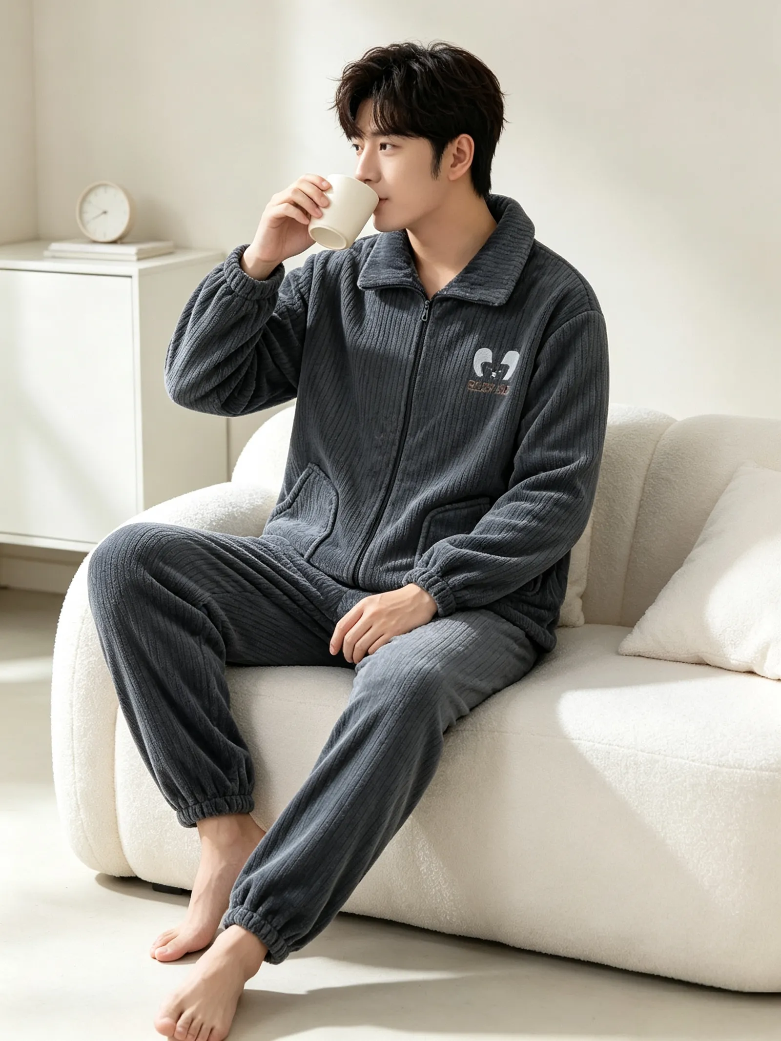 가을겨울 플란넬 남성 파자마 지퍼 기모 긴팔 긴바지 겨울 보온 파자마 남성 홈웨어 세트 · 도매 · OEM · 전 세계 배송 - Detail 12