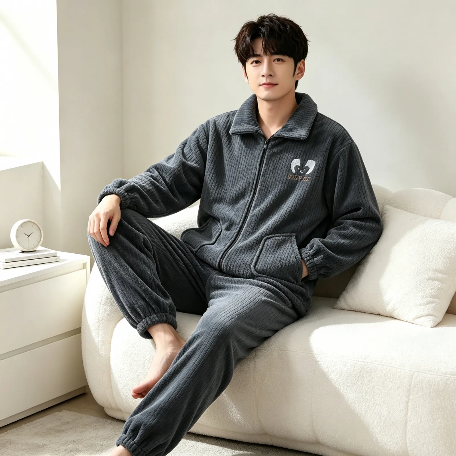 가을겨울 플란넬 남성 파자마 지퍼 기모 긴팔 긴바지 겨울 보온 파자마 남성 홈웨어 세트 · 도매 · OEM · 전 세계 배송 - Detail 11