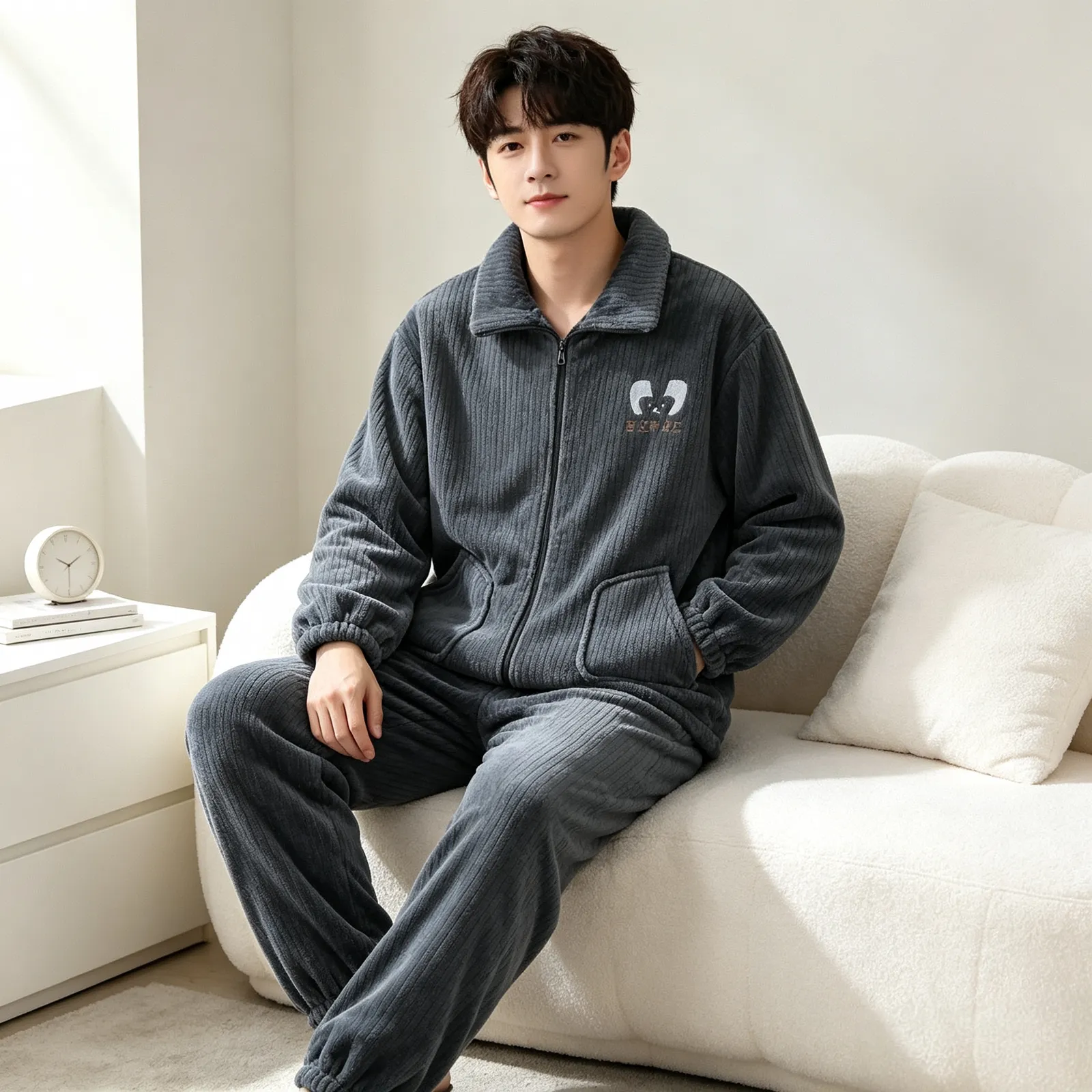 가을겨울 플란넬 남성 파자마 지퍼 기모 긴팔 긴바지 겨울 보온 파자마 남성 홈웨어 세트 · 도매 · OEM · 전 세계 배송 - Detail 7