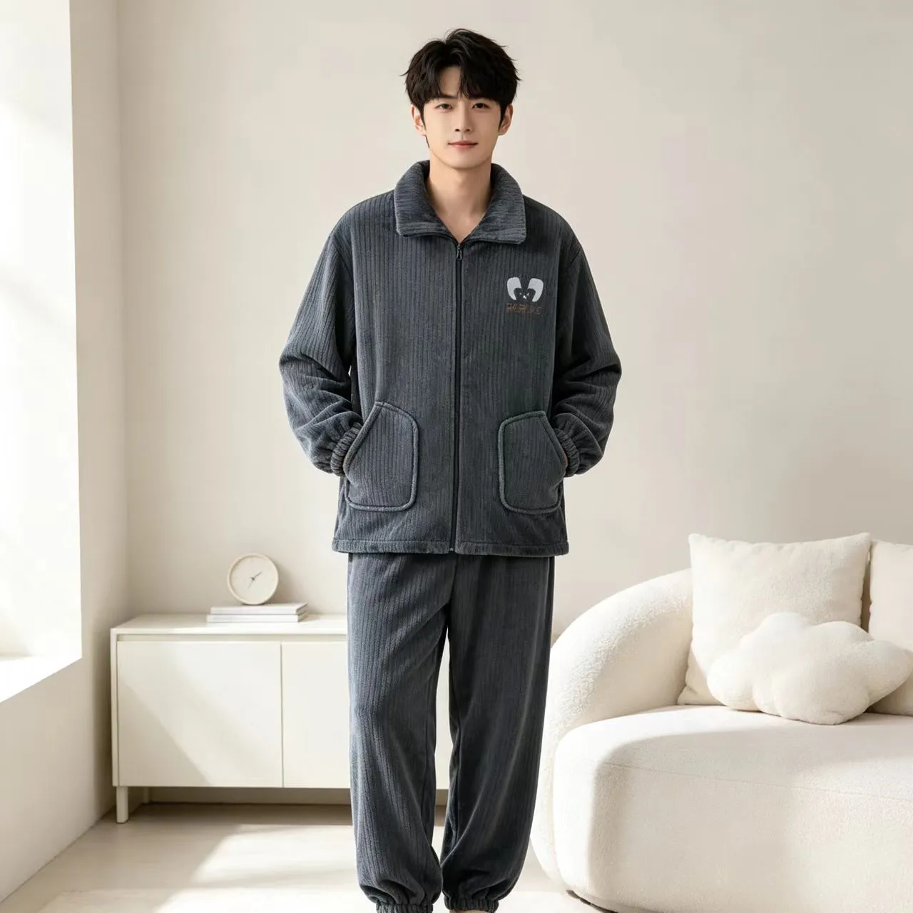 가을겨울 플란넬 남성 파자마 지퍼 기모 긴팔 긴바지 겨울 보온 파자마 남성 홈웨어 세트 · 도매 · OEM · 전 세계 배송 - Detail 1
