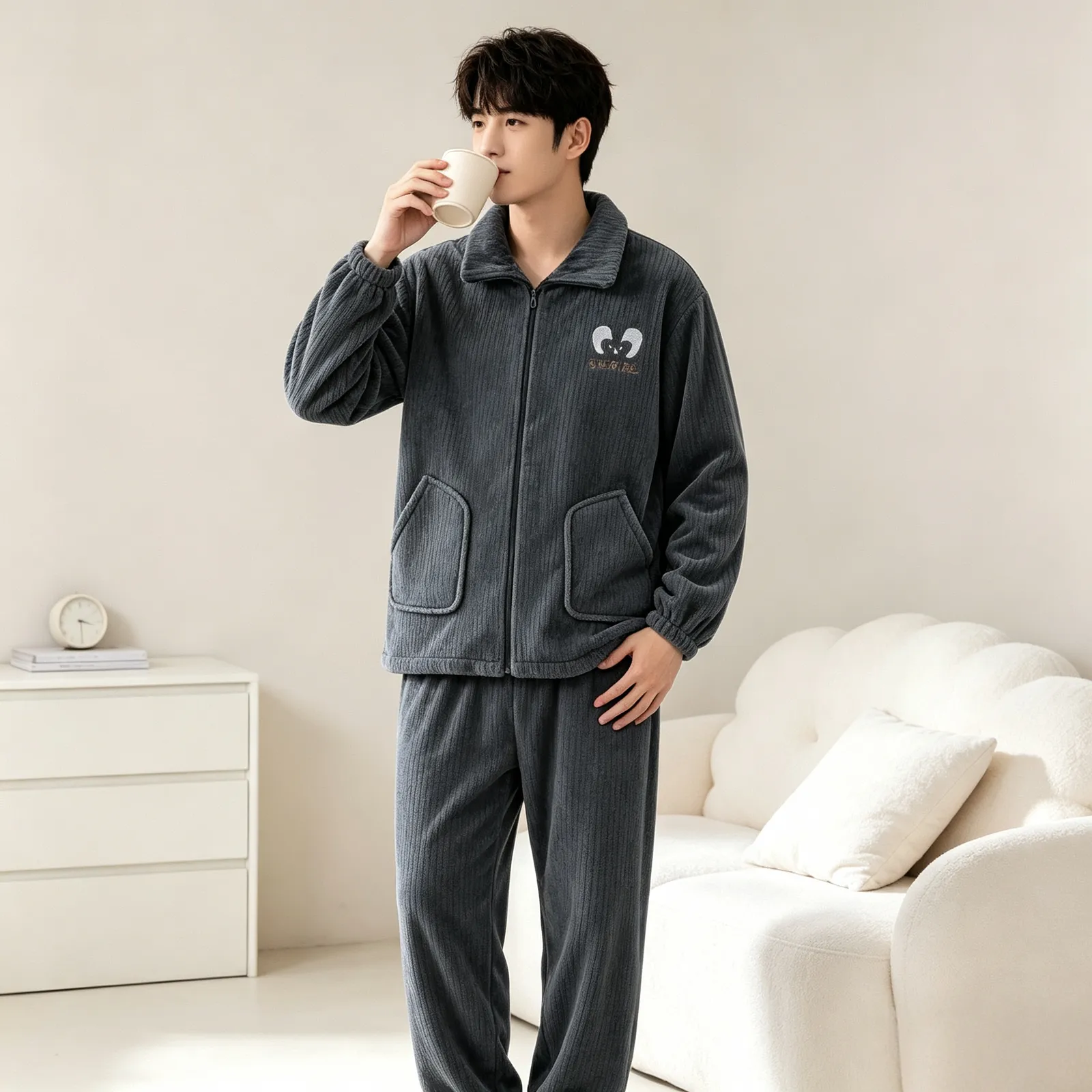 가을겨울 플란넬 남성 파자마 지퍼 기모 긴팔 긴바지 겨울 보온 파자마 남성 홈웨어 세트 · 도매 · OEM · 전 세계 배송 - Detail 5