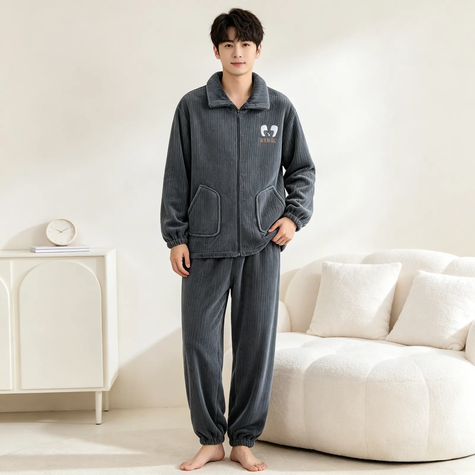 가을겨울 플란넬 남성 파자마 지퍼 기모 긴팔 긴바지 겨울 보온 파자마 남성 홈웨어 세트 · 도매 · OEM · 전 세계 배송 - Detail 13