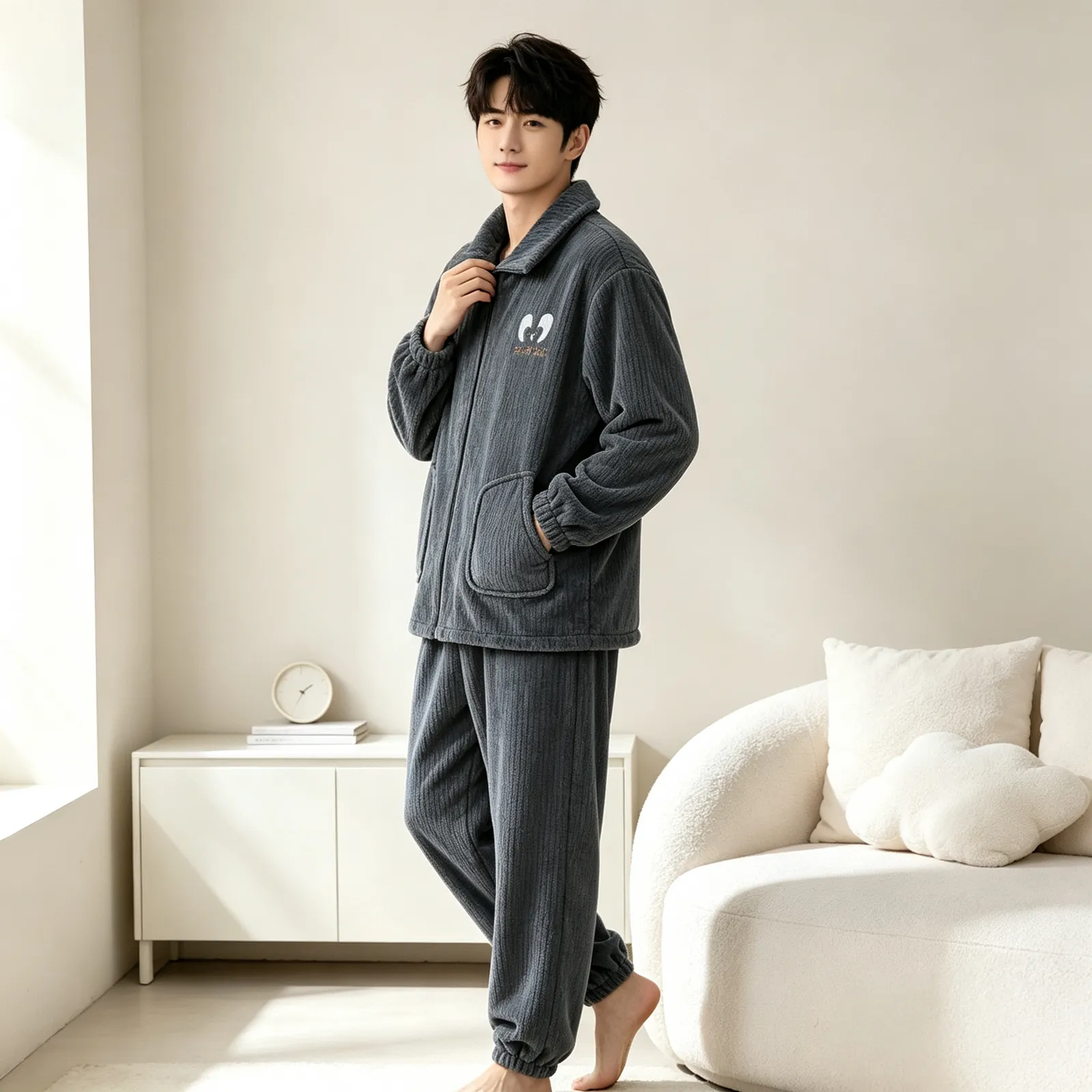 가을겨울 플란넬 남성 파자마 지퍼 기모 긴팔 긴바지 겨울 보온 파자마 남성 홈웨어 세트 · 도매 · OEM · 전 세계 배송 - Detail 10