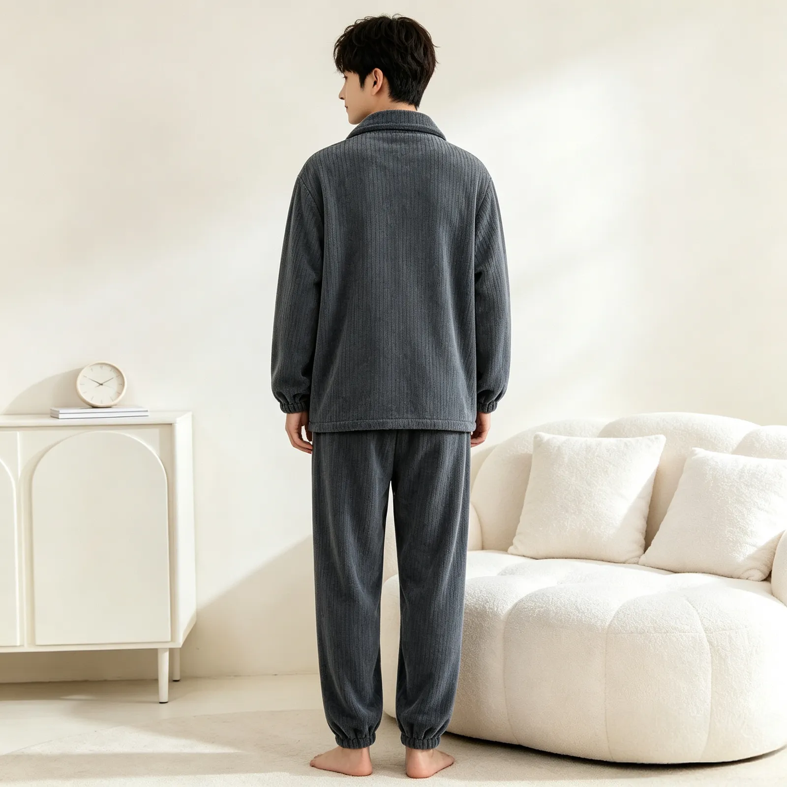 가을겨울 플란넬 남성 파자마 지퍼 기모 긴팔 긴바지 겨울 보온 파자마 남성 홈웨어 세트 · 도매 · OEM · 전 세계 배송 - Detail 8