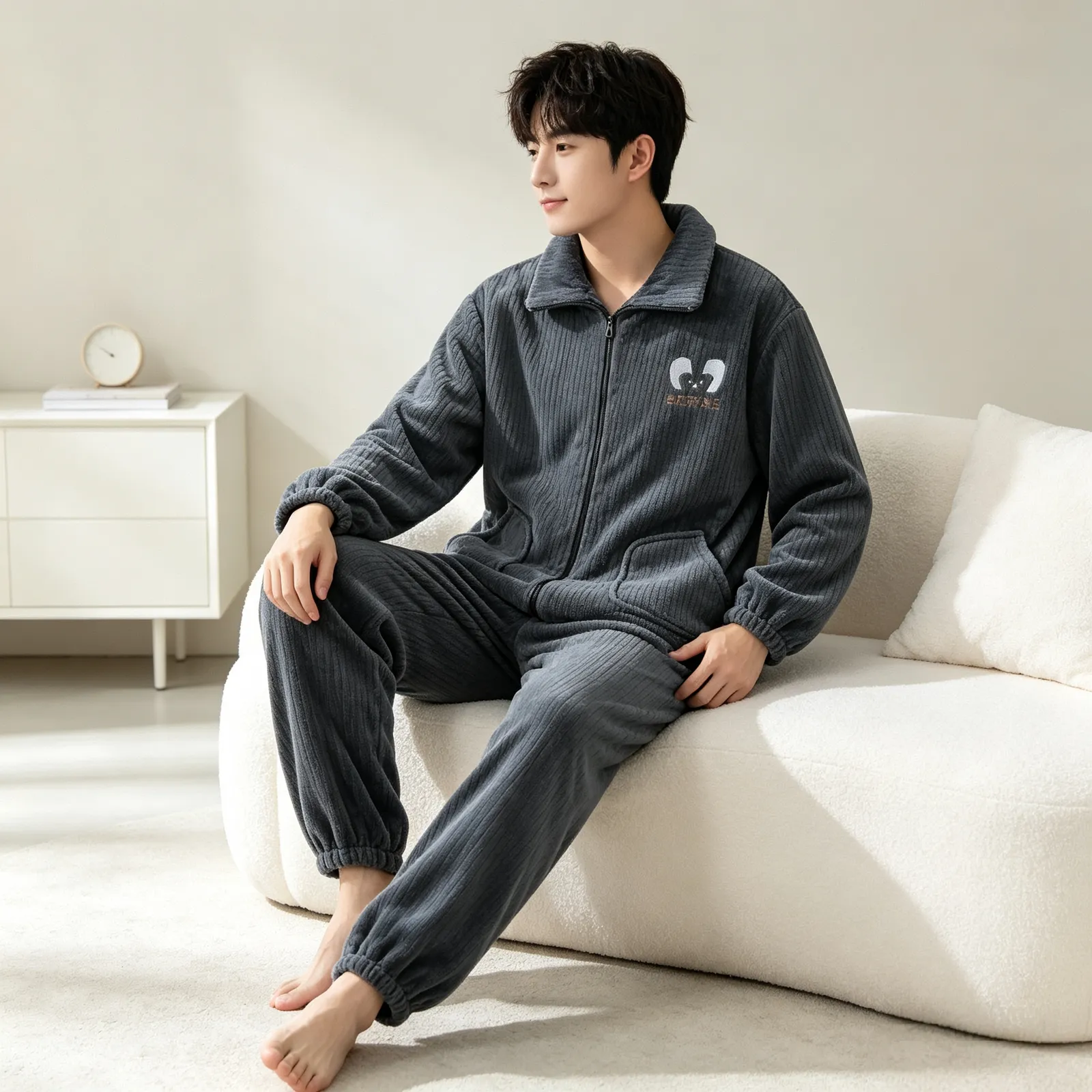 가을겨울 플란넬 남성 파자마 지퍼 기모 긴팔 긴바지 겨울 보온 파자마 남성 홈웨어 세트 · 도매 · OEM · 전 세계 배송 - Detail 9