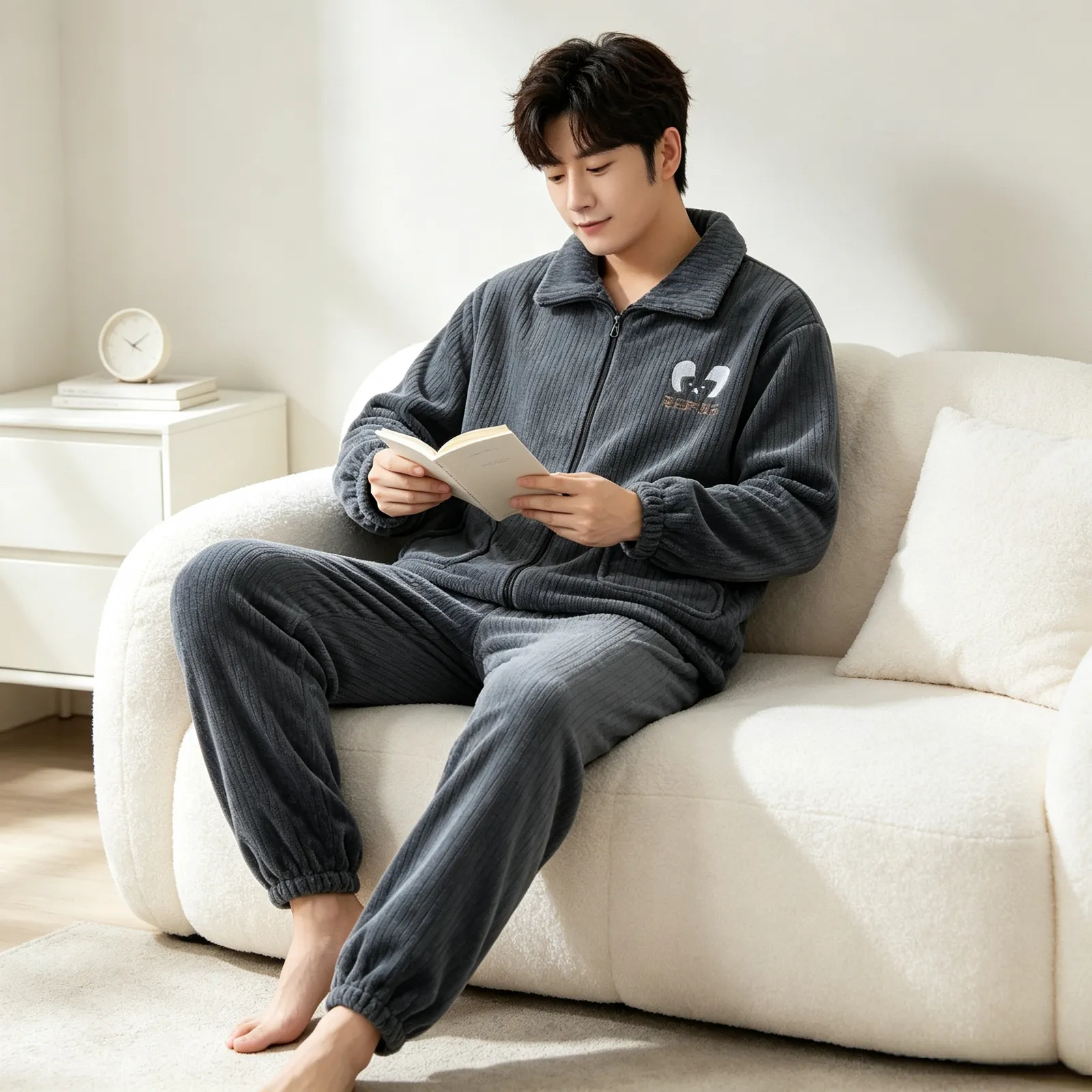 가을겨울 플란넬 남성 파자마 지퍼 기모 긴팔 긴바지 겨울 보온 파자마 남성 홈웨어 세트 · 도매 · OEM · 전 세계 배송 - Detail 14