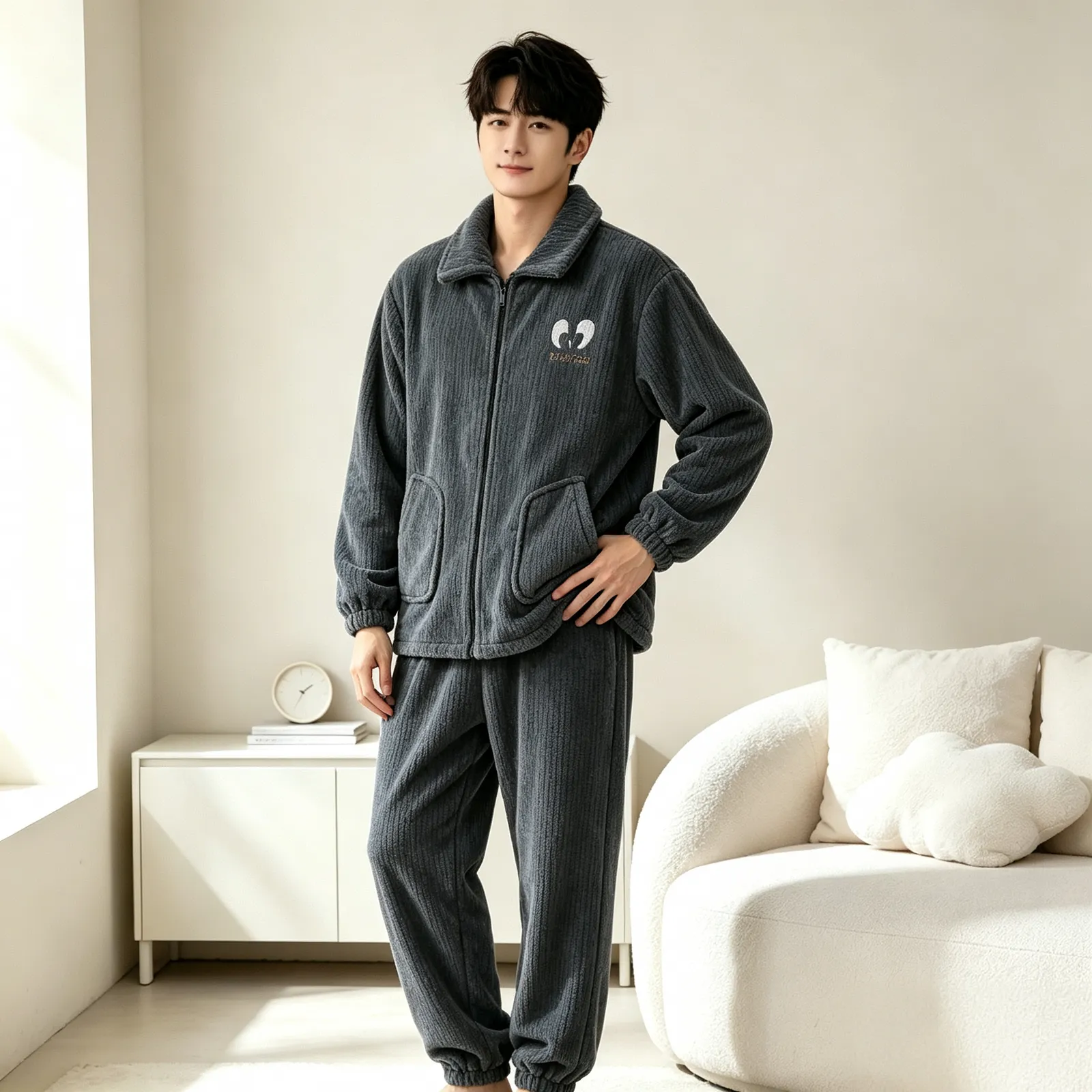 가을겨울 플란넬 남성 파자마 지퍼 기모 긴팔 긴바지 겨울 보온 파자마 남성 홈웨어 세트 · 도매 · OEM · 전 세계 배송 - View 2
