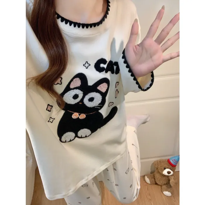 2026 New Autumn Women's Milk Silk Pajama Set, Long Sleeve Top and Long Pants, Sweet Comfortable Wearable-Outside Loungewear · Wholesale · OEM · Worldwide Shipping - Detail 1