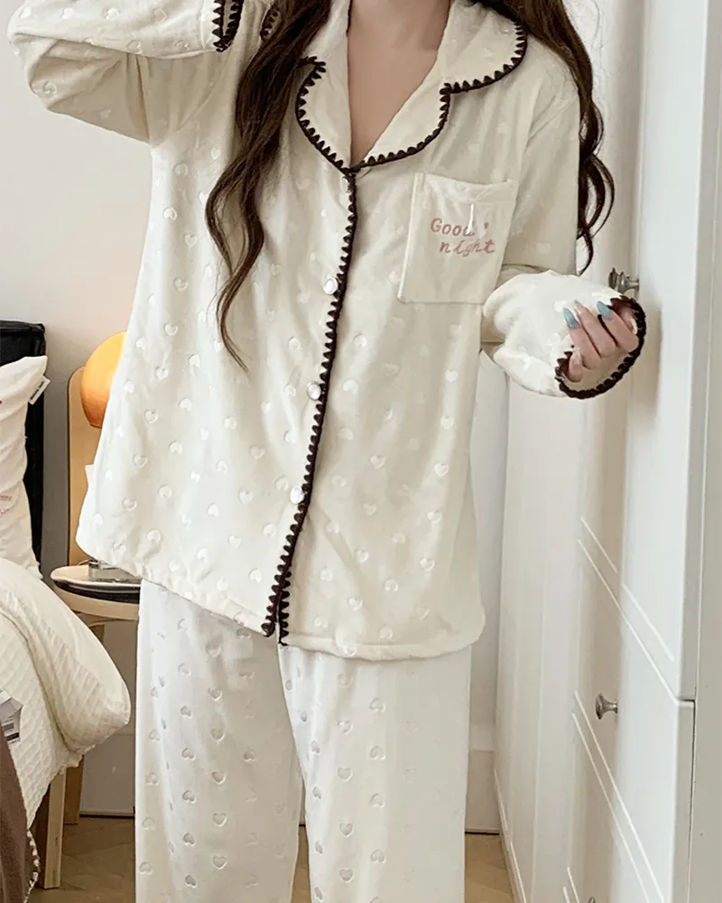 638Y# 겨울 신상품 두꺼운 아일랜드 플리스 파자마 여성 달콤한 카디건 칼라 홈웨어 세트 260g · 도매 · OEM · 전 세계 배송 - View 1