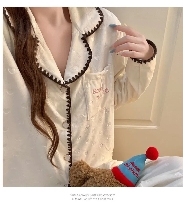 638Y# 겨울 신상품 두꺼운 아일랜드 플리스 파자마 여성 달콤한 카디건 칼라 홈웨어 세트 260g · 도매 · OEM · 전 세계 배송 - Detail 9