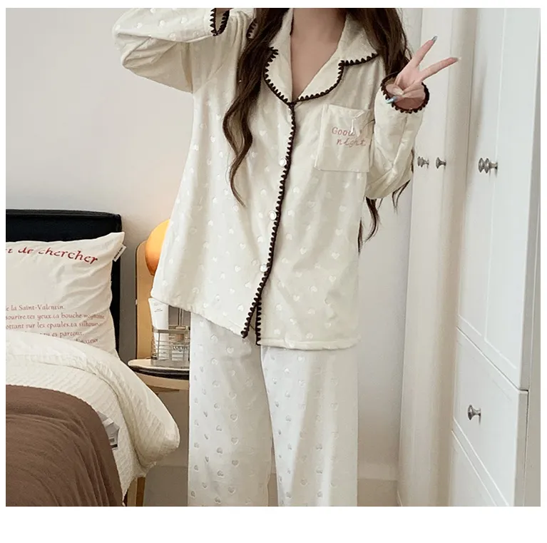 638Y# 겨울 신상품 두꺼운 아일랜드 플리스 파자마 여성 달콤한 카디건 칼라 홈웨어 세트 260g · 도매 · OEM · 전 세계 배송 - Detail 11