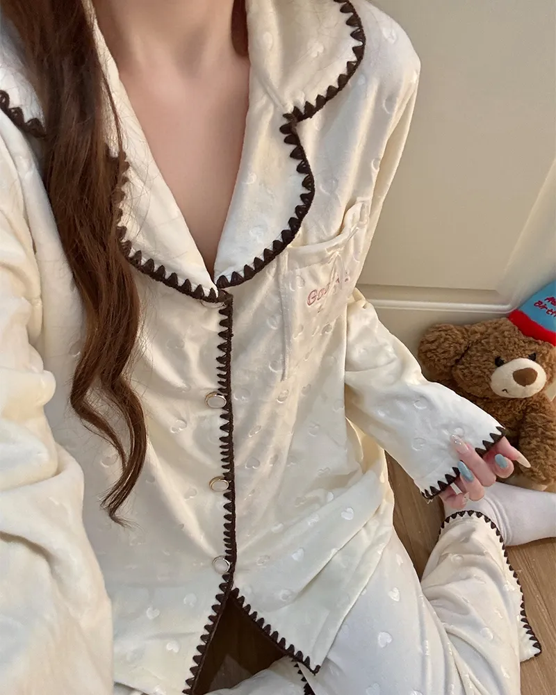 638Y# 겨울 신상품 두꺼운 아일랜드 플리스 파자마 여성 달콤한 카디건 칼라 홈웨어 세트 260g · 도매 · OEM · 전 세계 배송 - View 4