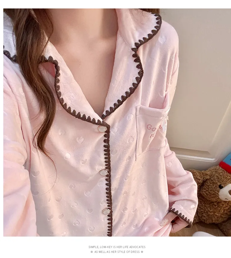 638Y# 겨울 신상품 두꺼운 아일랜드 플리스 파자마 여성 달콤한 카디건 칼라 홈웨어 세트 260g · 도매 · OEM · 전 세계 배송 - Detail 13