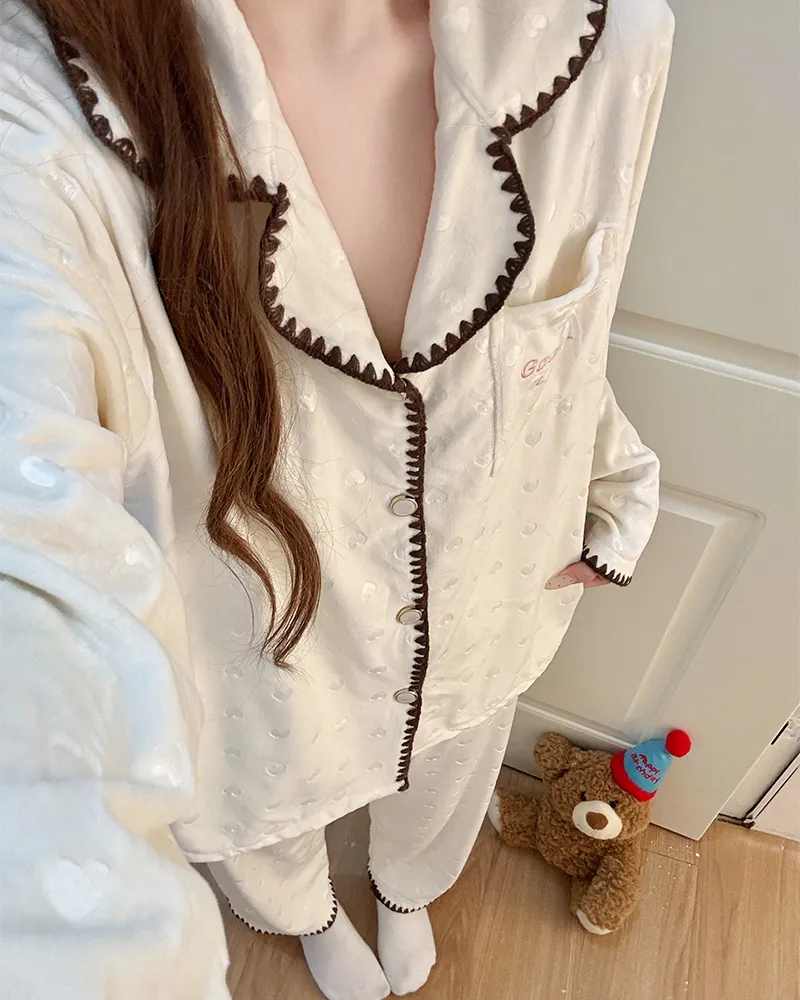 638Y# 겨울 신상품 두꺼운 아일랜드 플리스 파자마 여성 달콤한 카디건 칼라 홈웨어 세트 260g · 도매 · OEM · 전 세계 배송 - View 2
