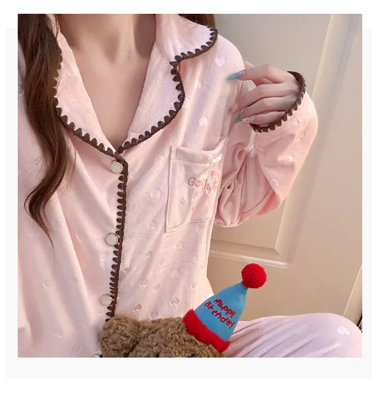 638Y# 겨울 신상품 두꺼운 아일랜드 플리스 파자마 여성 달콤한 카디건 칼라 홈웨어 세트 260g · 도매 · OEM · 전 세계 배송 - Detail 12